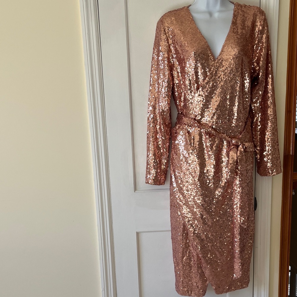 NWT Eloquii Sequin Wrap Long Sleeve Dress Lined Womens 16 Pink Wedding Party - Picture 5 of 17